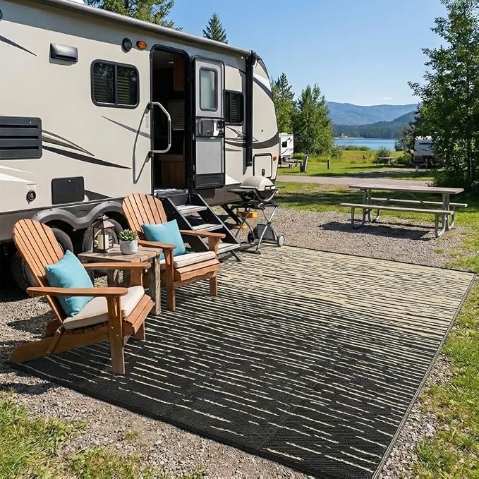 Garvee Patio Rugs Outdoor Waterproof 8x10 Modern Outdoor Camping Rug, Neutral Striped Plastic Straw Rugs, Reversible UV Resistant Outside Carpet for Picnic Backyard Deck Camper Balcony, Black Coffee