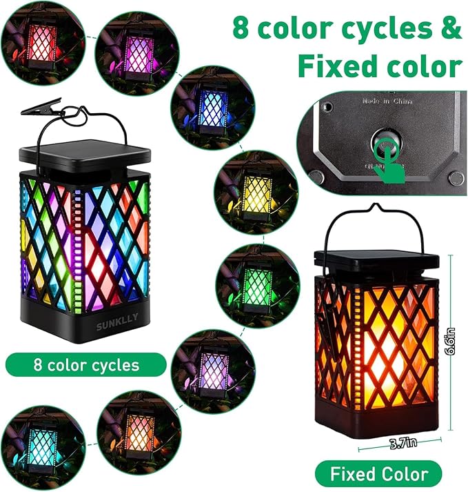 Solar Lanterns-Sunklly Hanging Solar Lights Color Changing & Fixed 9 Modes Waterproof Hanging Lanterns Outdoor Lights Flickering Flame Camping Lanterns Decoration for Garden Patio Pathway(2 Pack)