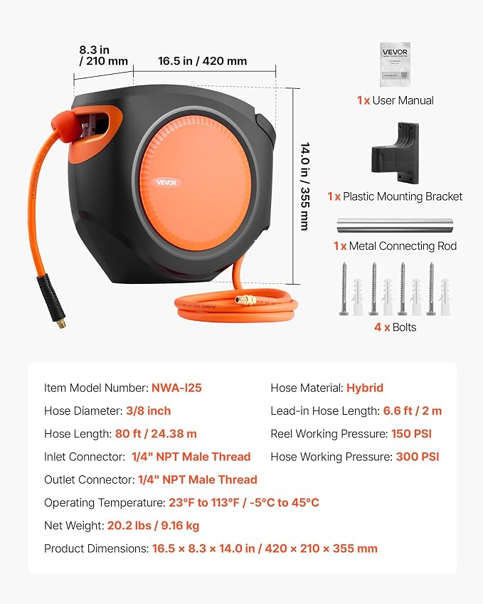 VEVOR Retractable Air Hose Reel, 3/8 Inch x 80 FT Hybrid Air Hose Max 300PSI, Enclosed Air-Compressor Hoses Reel Auto Rewind with 6.6 ft Lead in, 180° Swivel Ceiling/Wall Mount for Workshops