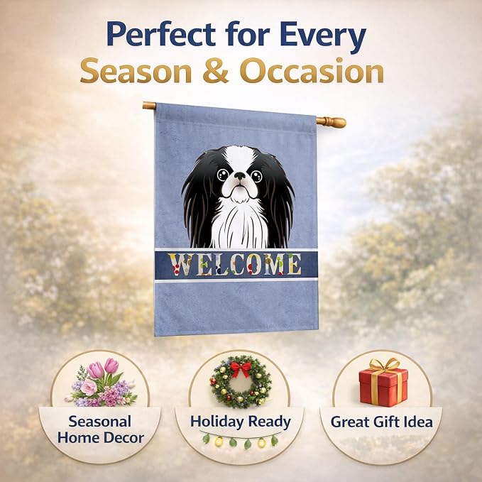 Caroline's Treasures BB1416CHF Japanese Chin Welcome House Flag, Blue Large Porch Sleeve Pole Decorative Outside Yard Banner Artwork Wall Hanging, Polyester, House Size, Multicolor
