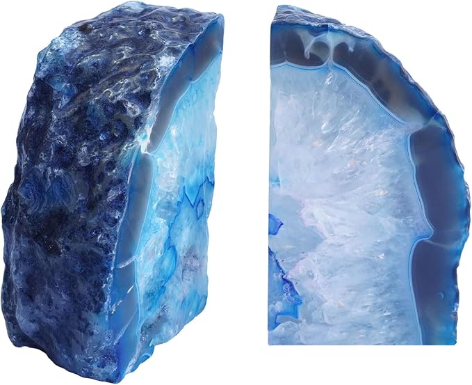 Natural Teal Dyed Agate Geode Bookends - 2 to 3 lb Heavy Duty Rock Crystal Stone Book Ends for Shelves, with Rubber Bumpers, Decorative Book Holders for Home Office