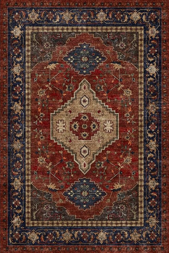 Tangsoo Red 2.6x10 Washable Hallway Runner Rug, Boho Non Slip Runner Rug | Oriental Soft Low Pile Long Rug 10ft Runner,Vintage Carpet Runners for Hallway Kitchen Bedroom Entryway Living Room Red Beige