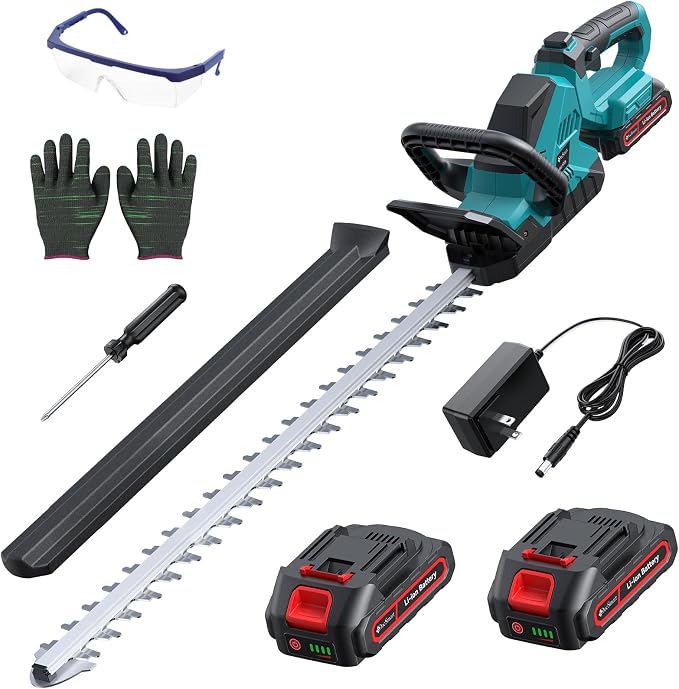 24'' Cordless Hedge Trimmer with 2 Rechargeable Batteries & Charger, 3000RPM Brushless Electric Handheld Bush Clipper, 180° Rotatable Head, 2/3'' Blade Gap, Gardening Gifts for Father’s Day
