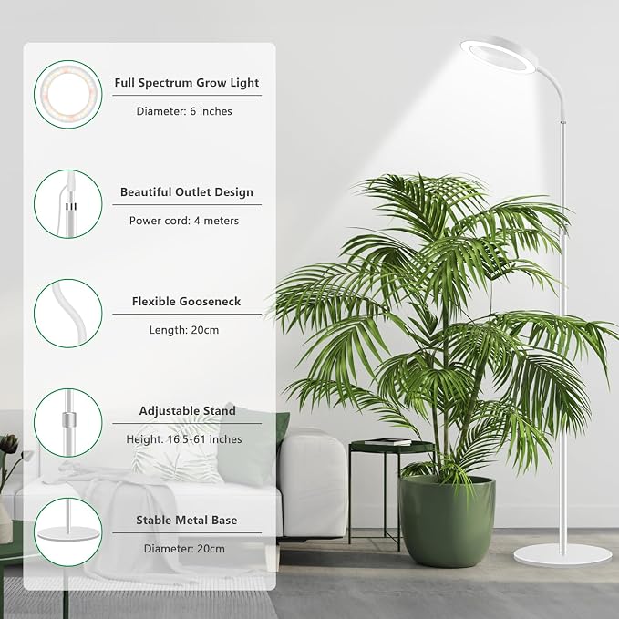 Aumtrly Floor Grow Lights for Indoor Plants, Full Spectrum Plant Light with 68" Stand for Growing Large Tall Plants, White Halo Grow Lamp with 6/12/16H Timer, 3 Light Modes, 5 Dimming
