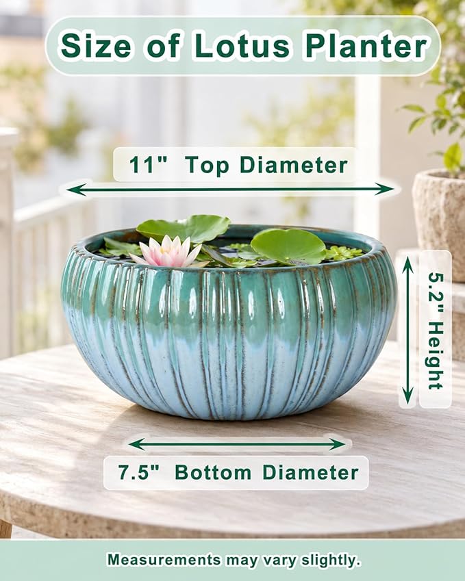 vensovo Round Ceramic Lotus Planter Pot - 11 Inch Large Lotus Flower Bowl, Water Lily Bowl Planter for Aquatic Plants, Bonsai Trees(Green Gradient)