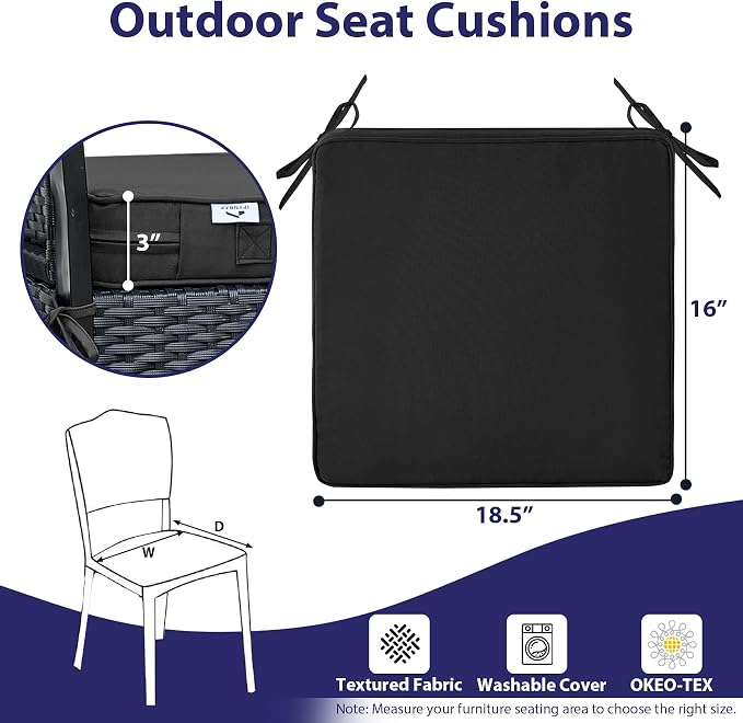 IPYNBAP Outdoor Chair Cushions Set of 4 -Waterproof Outdoor Seat Cushions for Patio Furniture, Patio Chair Cushion with Handle and Ties, Out Door Chair Pads,18.5x16x3-Square, Black