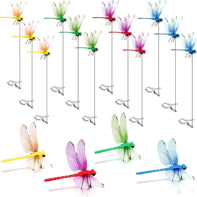 12 Pack Dragonfly Clips for Bugs Repellent, Fake Dragonflies with Stakes, Dragonfly Clip Bug Repellent, Dragon Fly Deterrent Clips for for Yard, Hat, Horse and Deer, Indoor & Outdoor Garden Decor