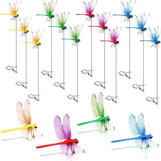 12 Pack Dragonfly Clips for Bugs Repellent, Fake Dragonflies with Stakes, Dragonfly Clip Bug Repellent, Dragon Fly Deterrent Clips for for Yard, Hat, Horse and Deer, Indoor & Outdoor Garden Decor
