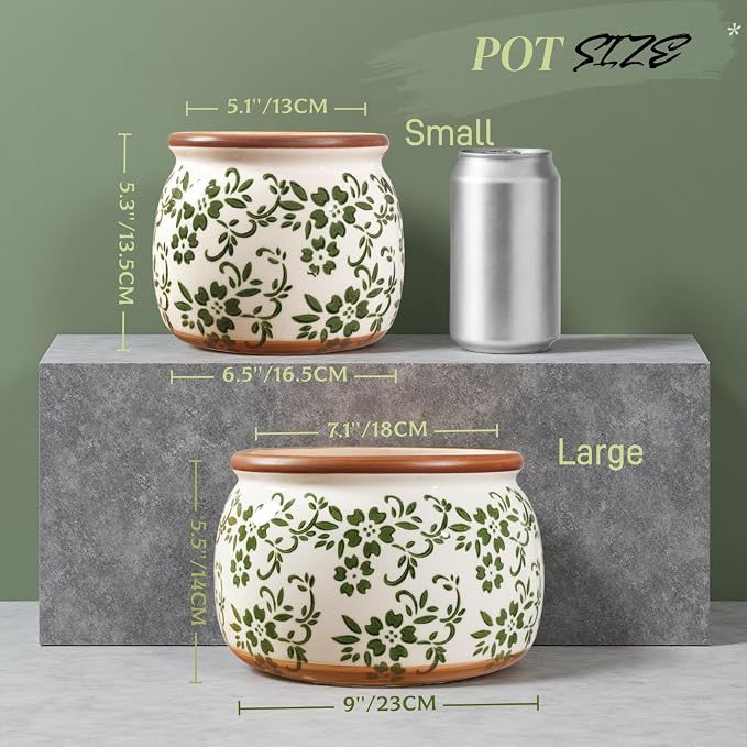Vintage Ceramic Flower Pot - Indoor Outdoor Planters with Drainage Holes & Filter Screen, 9’’ Large Rustic Farmhouse Decorative Plant Pots for Garden/Patio/Balcony (Green Vines, Large)