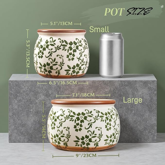 Vintage Ceramic Flower Pots - Indoor Outdoor Planters with Drainage Holes & Filter Screen, 6.5’’& 9’’ Rustic Farmhouse Decorative Plant Pots for Garden/Patio (Green Vines, Small to Large Bundle)