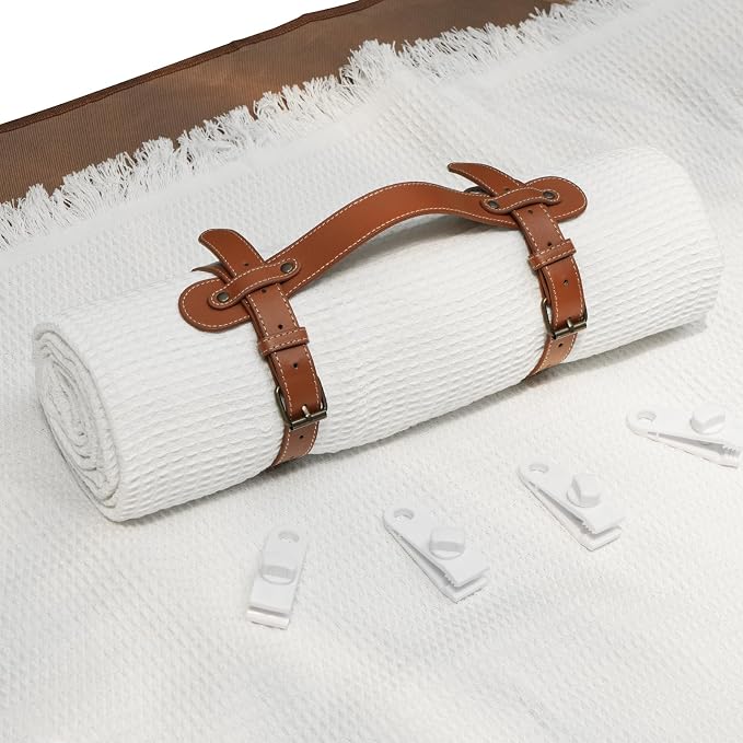 stylish white picnic blanket waterproof and sandproof,all-weather 2-in-1 dual-layer beach blanket for families, outdoor adventures and pets (Grid pattern)