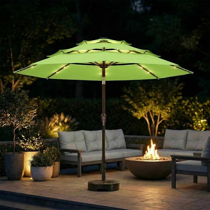10ft 3-Tier Patio Umbrella with 32 Solar Powered LED Lights, Windproof Outdoor Market Umbrella for Deck, Poolside & Garden, Sturdy Push-Button Tilt Table Umbrella, Apple Green