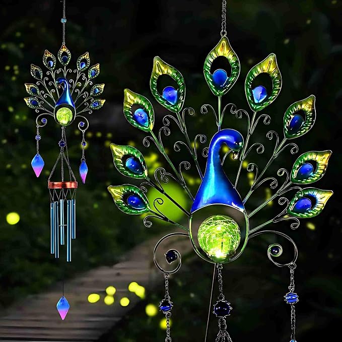 Pearlstar Solar Wind Chimes Outdoor, Gifts for Mom Women, 53.5" Large Metal Peacock Wind Chimes Light with Crackle Glass Ball, Waterproof for Garden Patio Yard Home Decor