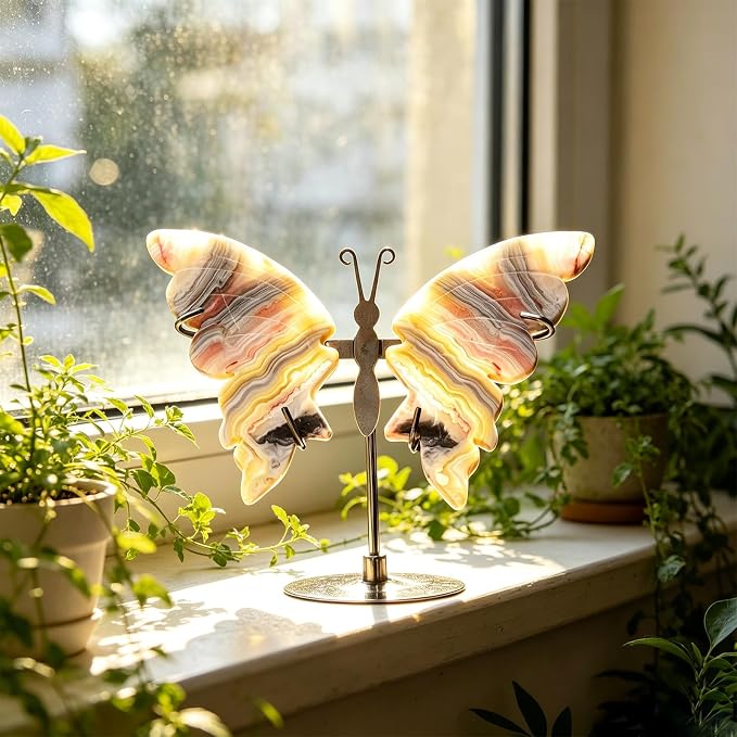 JIC Gem 10cm Crazy Lace Agate Crystal Butterfly with Stand Natural Healing Crystal Decor Gift