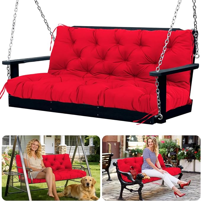 Porch Swing Cushions 2 Seater Replacement Thicken 5" Waterproof & Fade Resistant Swing Cushions for Outdoor Furniture Bench Patio Swing Cushion with Backrest & Ties(Rose Red 48x40x5inch)