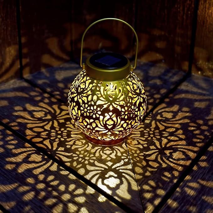 2 Pack Solar Lanterns Outdoor Gifts, IP44 Waterproof Hanging Solar Lights Decor Lamp for Garden, Patio, Pathway, Yard, Porch (Shiny Gold Flower)