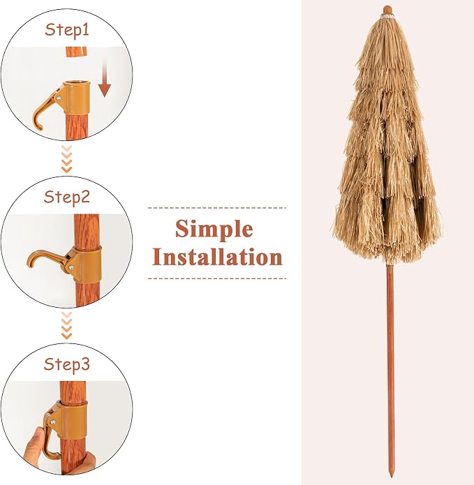 Giantex Thatched Tiki Umbrella, Hawaiian Style Patio Grass Umbrella with 8 Ribs & Tilt Adjustment, Outdoor Portable Beach Sunshade for Yard, Garden & Poolside