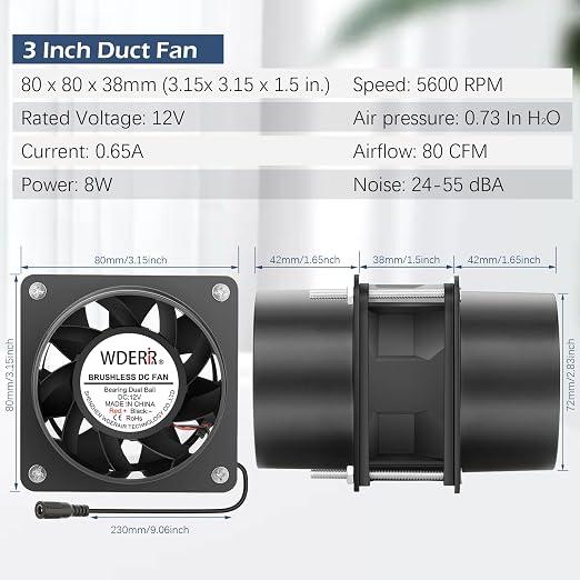 80mm x 38mm 3Inch Inline Exhaust Fan 12V Fume Extractor Dual Duct | Dual Ball Bearing, Adjustable Speed, DIY 3D Print Grow Tent Attic Hydroponics Paint Booth Soldering Ventilation
