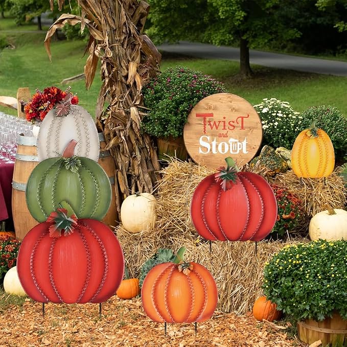 PHITRIC Fall Decorations Outdoor, 34" 2PCS Decorative Garden Stakes with 6 Pumpkins for Fall Decor, Metal Yard Signs for Home Outside Garden Yard Lawn Patio, Thanksgiving Decorations