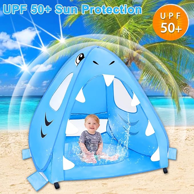 [ Extra High ] Shark Baby Beach Tent with Pool for Toddler Aged 3-60 Months | Pop Up Kiddie Pool Tents Baby Beach Essentials UPF 50+ UV Protection 4 Sand Pockets 3 Mesh Sun Beach Shade Tent for Kids