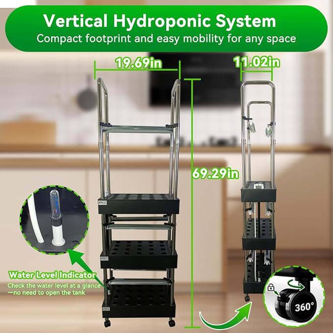 60 Pod Vertical Hydroponic System, Indoor Smart Garden | Full spectrum LED lights, auto water pump, 60 pod vertical tower, herbs, veggies, climbing plants, sponges, 21L tank