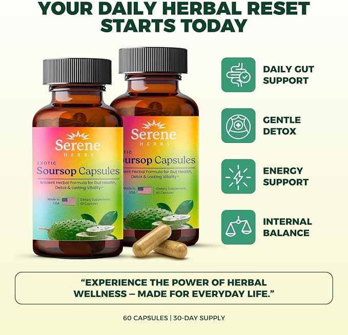 Serene Herbs Graviola Soursop Capsules Organic - Guanabana Extract Pills with Black Seed, Irish Moss & Moringa - 16 Herb Daily Supplements & Digestive Support - Vegan, Non-GMO (60 Count (Pack of 2))