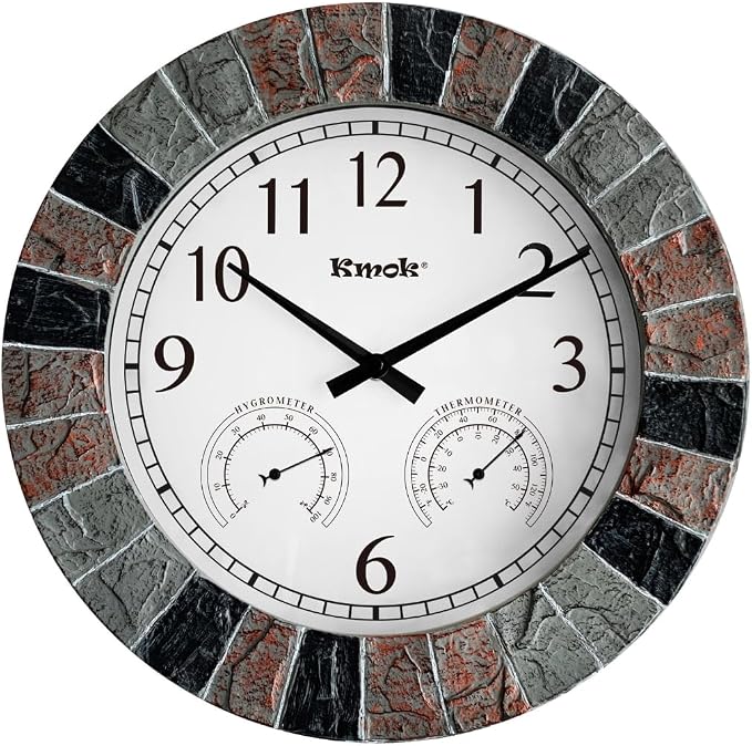 13.5" Faux Slate Wall Clock with Thermometer/Hygrometer | Waterproof, Silent, Indoor/Outdoor, Battery Operated, Grey/Red/Black Frame