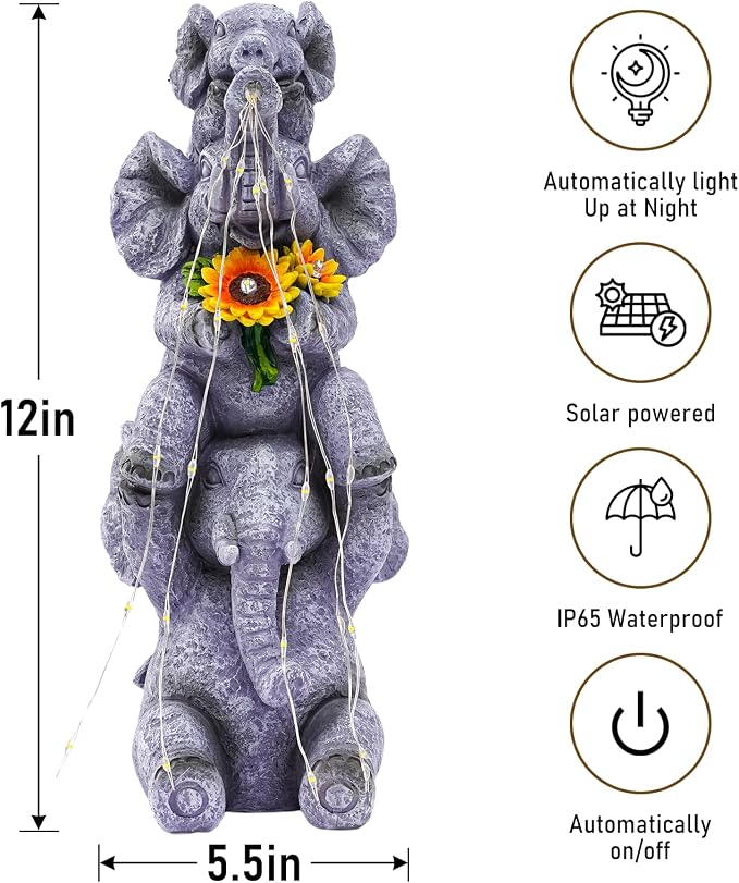 Pohabery Solar Garden Decor Elephant Statue Outdoor, Luck Triple Elephant Decorations for Yard Porch Lawn Patio - Ideal Gifts for Women Mom Grandma Senior Elder or Birthdays 12"