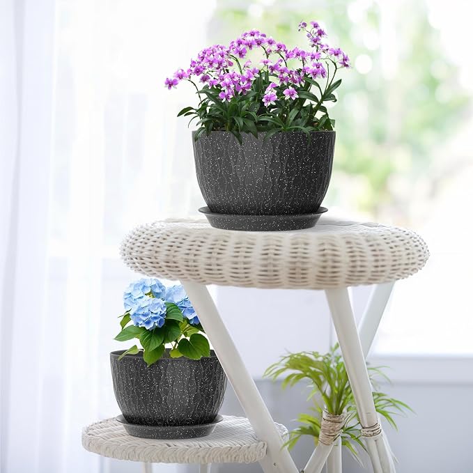 Meowell 12/10/9 inch Large Flower Pots, 3 Set Big Plant Pots for Outdoor Indoor Plants with Water Ripples, Wide Plastic Planters with Drainage Holes and Saucers for Garden House Plants, Speckled Black