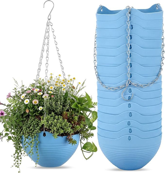 Zopeal 16 Pack Self Watering Hanging Planters 8 Inch Garden Flower Plant Pot Container with Drainer and Chain Round Hanging Pot Plant Basket for Indoor Outdoor Plants(Blue)