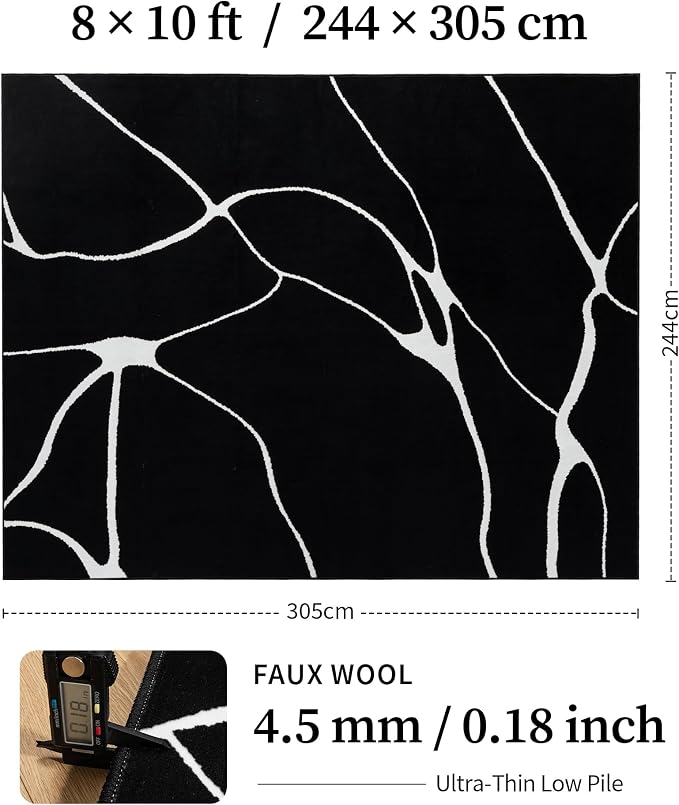 8x10 Washable Modern Abstract Black White Area Rug | Ultra-Thin Low Pile, Non-Slip TPE Backing, Soft Stain Resistant, Machine Washable, for Bedroom Livingroom High Traffic