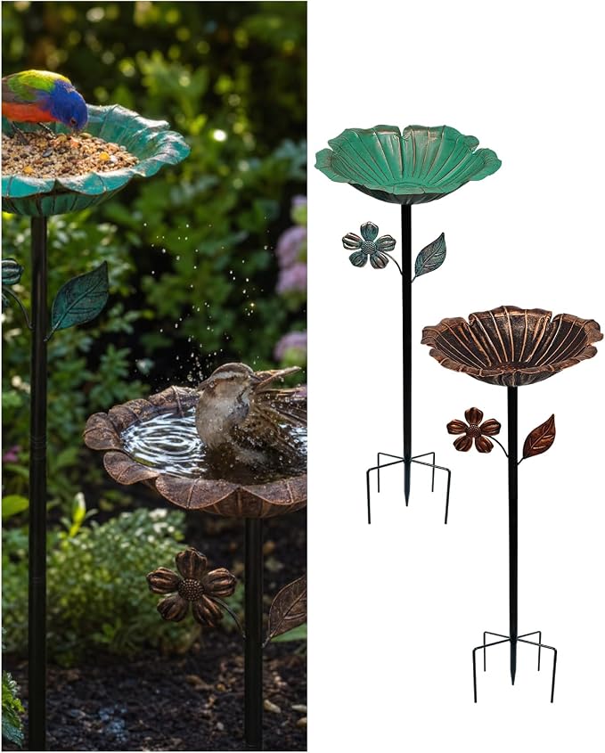 2PCS Vintage Metal Bird Bath Feeder 5-Prong Stake for Garden Patio | Vintage Metal Bird Bath & Feeder, Weatherproof, Easy Install, Ideal Garden Patio Decor.