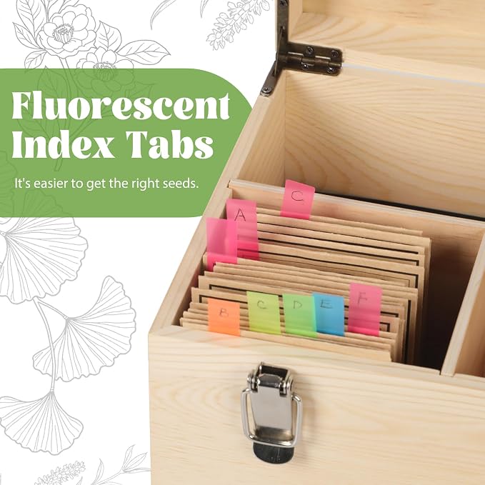 13.1”×7.7”×6” Wood Seed Storage Box 60pcs Seed Envelopes Fluorescent Index Tabs Seed Saving Organizer Box with Removable Dividers Safety Lock Side Handles Top Handle Gifts for Gardener Friends