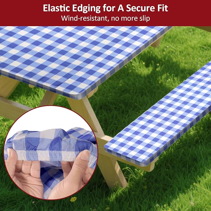 6ft Picnic Table and Bench Cover, Camping Essentials RV Gear, 72in Waterproof Windproof Outdoor Elastic All Around Tablecloth, Fitted Rectangle Tables and Seats, Blue-White Checkered