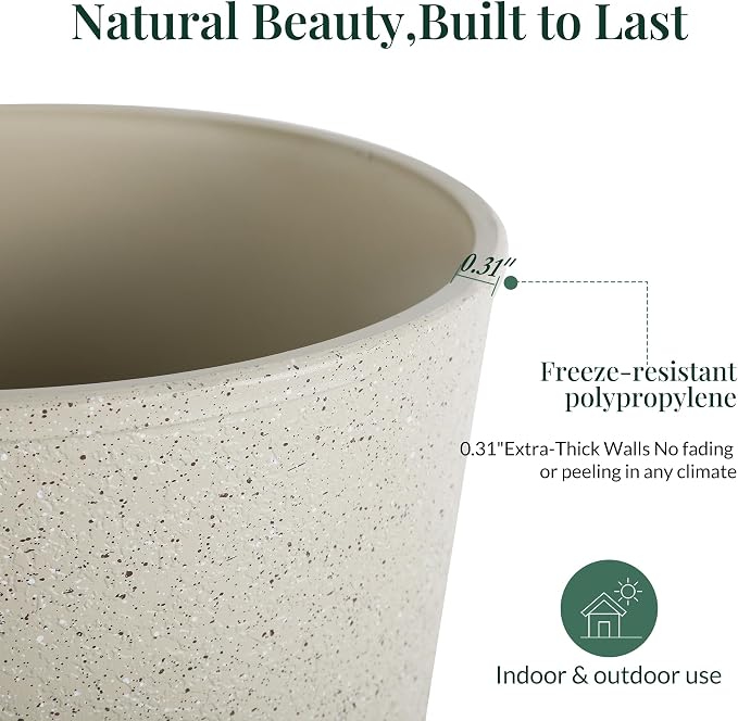 KOL Planters Flower Pots, Plastic Urn Planters for Indoor Outdoor Plants, Beige Pedestal Planter Pots 2 Pack, 15 Inch Tall Decorative Planters with Drainage Holes & Plugs for Front Porch Patio Garden