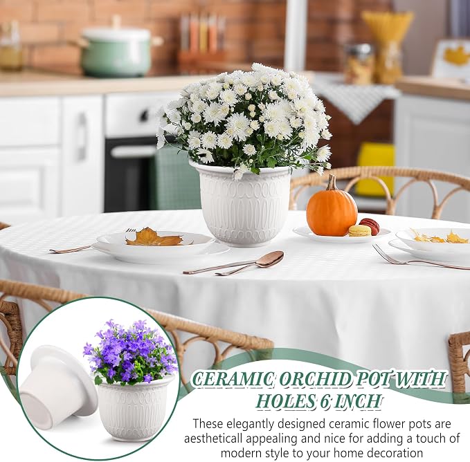 2 Set African Violet Pots Self Watering, 7 Inch White Ceramic Dolomite Clay, Easy Effortless Planter Pot for Indoor Plants Herbs Flowers Orchids Succulent, Ideal Gifts, Plant Not Included