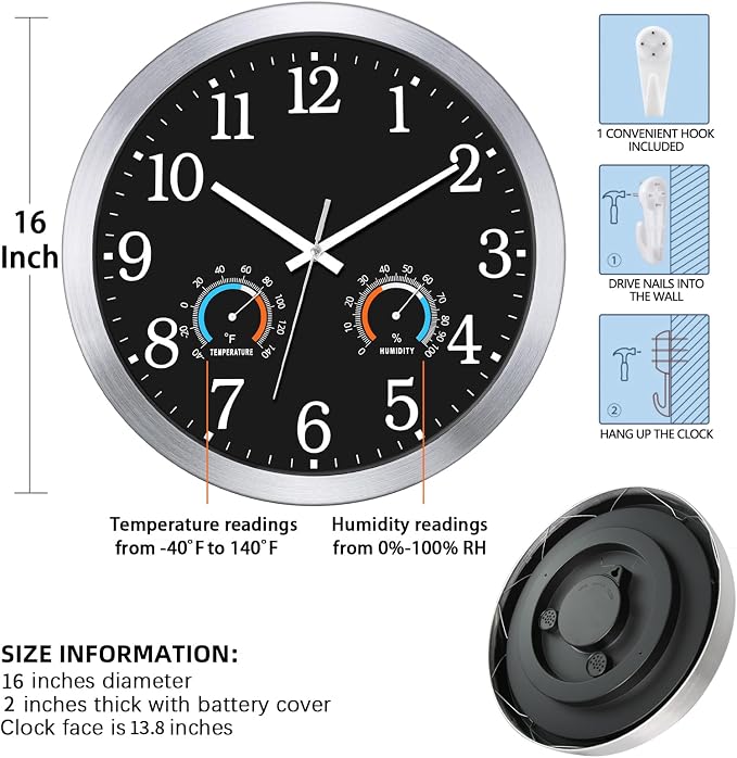 Caysie 16 Inch Indoor Outdoor Clocks Waterproof with Thermometer and Hygrometer Combo, Silent Battery Operated Quartz Metal Wall Clock for Patio Pool Bathroom Home (Black)