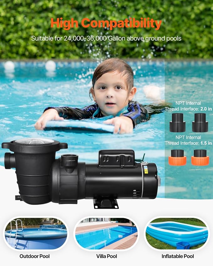 VEVOR Above Ground Pool Pump, 2HP/0.44HP, Dual Speed Swimming Pool Pump, High 118 GPM 56 ft Lift, Low 57 GPM 14 ft Lift, 110V 3450 RPM with Strainer Basket, 122°F Max Water Temp, for Hot Tubs Spas