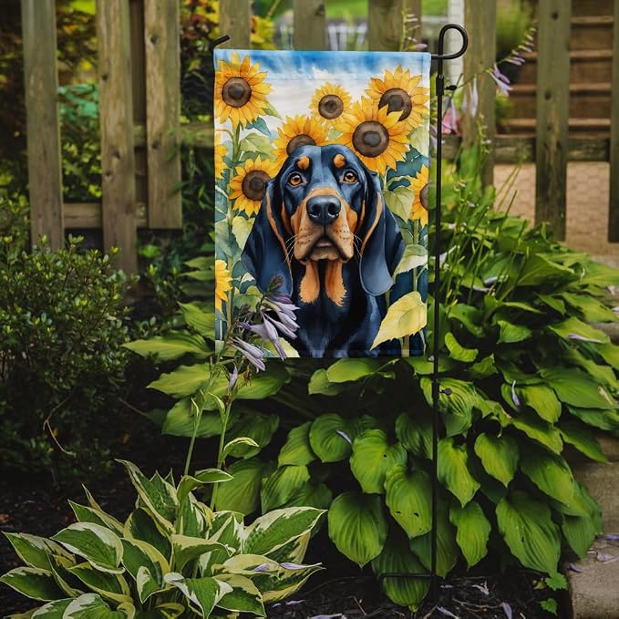 Caroline's Treasures DAC6028GF Black and Tan Coonhound in Sunflowers Garden Flag Mailbox Flag Decorative Yard Flag Banner Outside Patio Artwork Yard Flower Beds, Garden Size, Multicolor