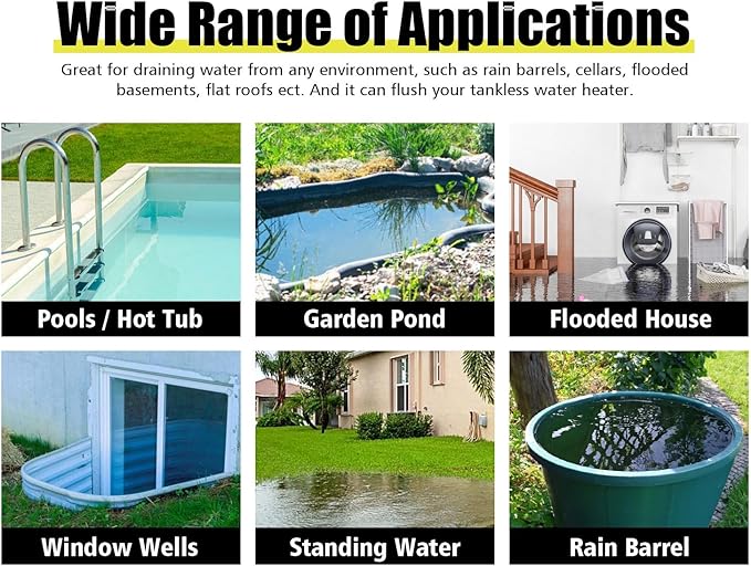 Submersible Sump Pump 5000GPH High Flow with 25FT x 1-1/2” Discharge Hose Drain Water Pump Kit 1HP Portable Utility Pump Easy to Use for Flooded Basement Rain Barrel
