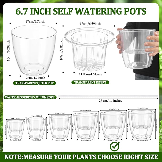 12 Pcs Self Watering Pots, 6.7 Inch Plastic Flower Plant Pot with Inner Pot Self Watering Wick Planter Clear Flower Pots for Indoor House Plants Herbs, Flowers, Succulents (Transparent)