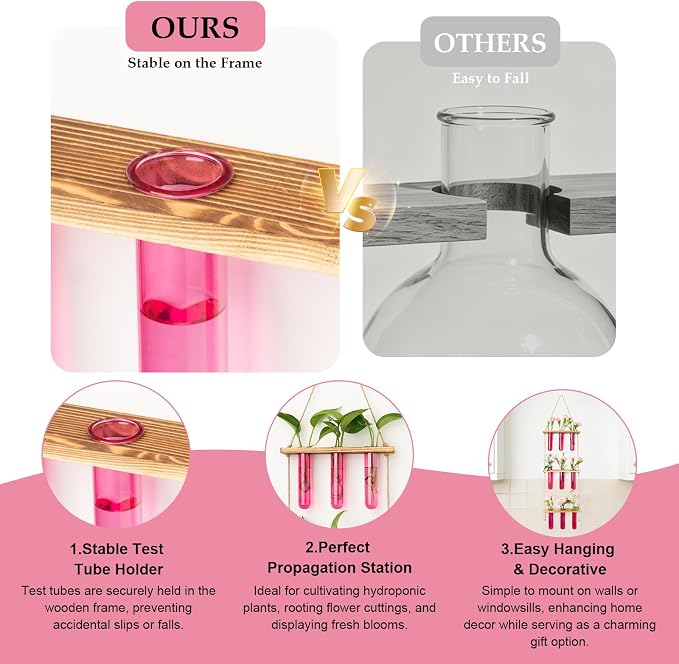 XXXFLOWER Wall Hanging Propagation Station with Wooden Stand 9 Test Tubes Vases Tiers Planters Wall Terrarium for Home Office Plant Hanger Flower Vases Wall Decor Hydroponic Cuttings(Pink)
