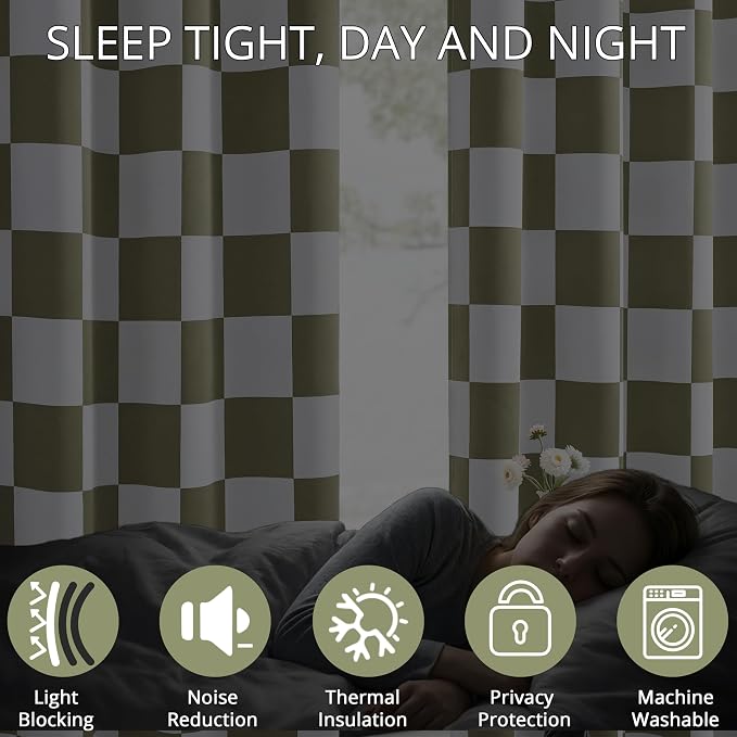 100% Blackout Checkered Curtains – 2 Panels, Each W52×L84, Thermal Insulated, Nosie Reducing for Bedroom, Modern Sage and White Checkerboard Design