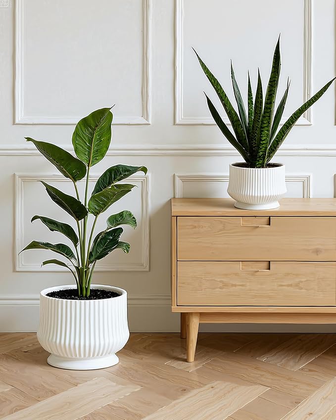 OXART Ceramic Plant Pots Indoor Pot Set with Drainage Holes, 10+8+6 inch Ceramic Planters Pots for Plants, Home Garden Large Flower Pot for Plants Herbs Cactus Orchid, White