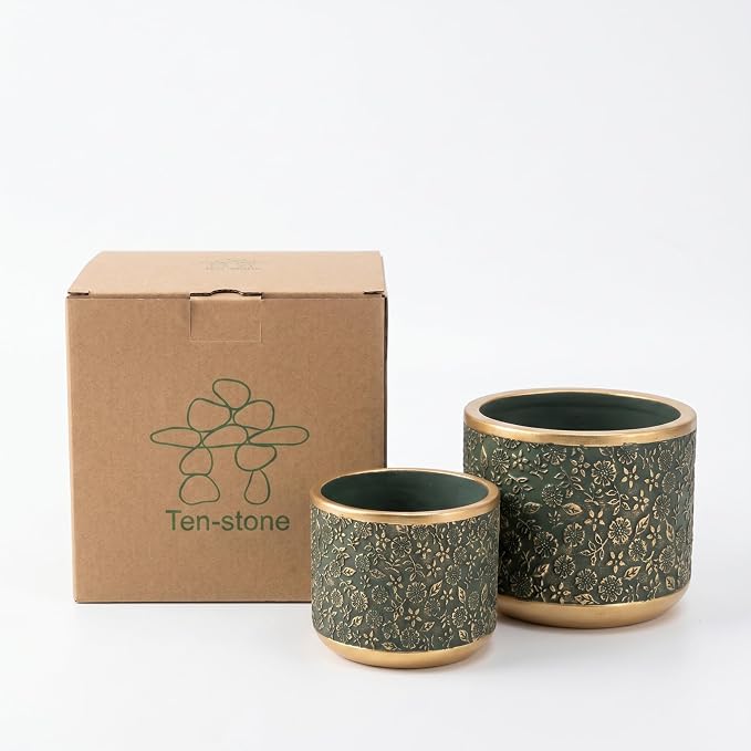 6 +4.4 Inch Cement Planter Decorative Pots with Drainage Hole for All House Plants, Succulents, Flowers, and Cactus (Green)