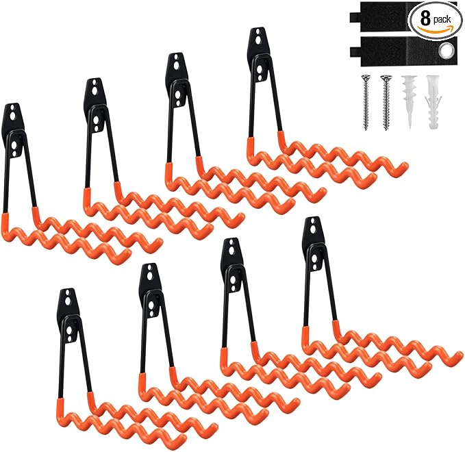 8 Pack Garage Hooks Heavy Duty with Anti-Slip Coating, Steel Utility Wave Hooks for Hanging Ropes, Bikes, Garden Tools, Hoses and More (Orange)