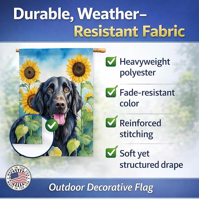 Caroline's Treasures DAC6078CHF Flat-Coated Retriever in Sunflowers House Flag Large Porch Sleeve Pole Decorative Outside Yard Banner Artwork Wall Hanging, Polyester, House Size, Multicolor