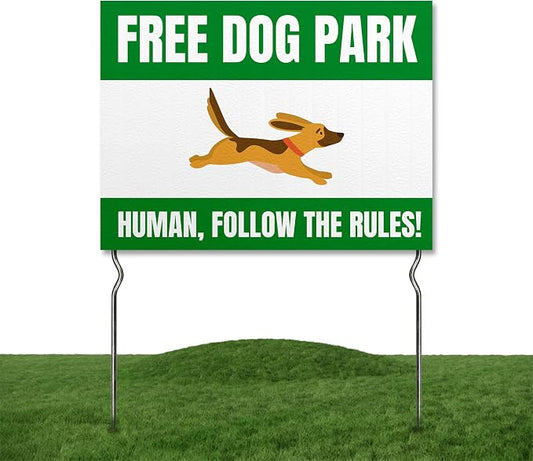 Free Dog Park – Humans, Follow the Rules! Yard Sign by DC | 24"x18" Double Sided Pets Garden Sign with 13” Metal Stakes | Outdoor Signs Waterproof for Lawn, Patio, Sidewalk & House | Set of 2