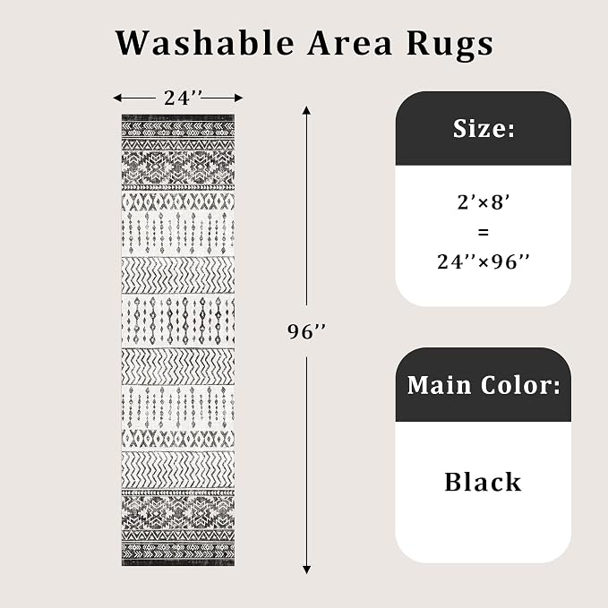 Art&Tuft 2x8 Runner Rug Non Slip, Washable Rug Runners for Hallways,Black | Low Pile, Moroccan Soft & Lighweight, Folable, Stain Resistant 8ft Carpet Runners for Entryway,Kitchen,Living Room,Bedroom