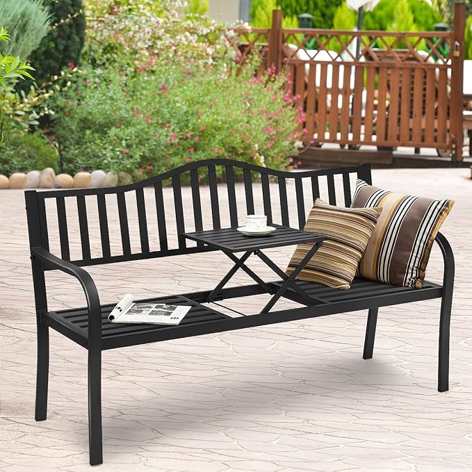 Giantex Outdoor Bench with Pullout Middle Table, 500Lbs Capacity, Outside Loveseat Chair, 2-3 Person Patio Seating, Metal Garden Benches for Front Porch Pool Deck Outside (Black)